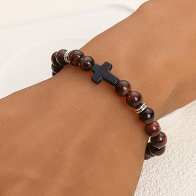 Браслет-крест для мужчин и женщин, браслет-крест из бисера из камня, эластичный браслет из камня, религиозный браслет, ювелирные изделия, подарки для христиан