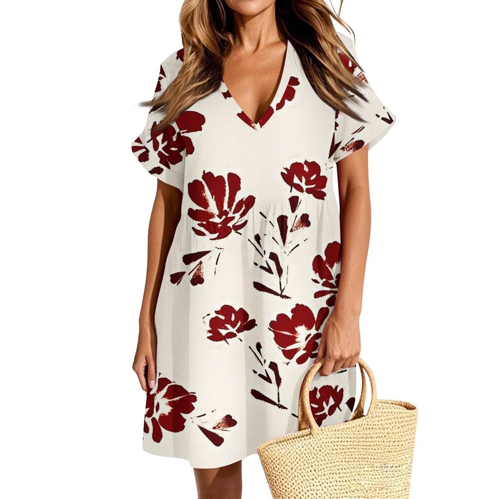 Женское повседневное модное платье с винтажным цветочным принтом и коротким рукавом и V-образным вырезом