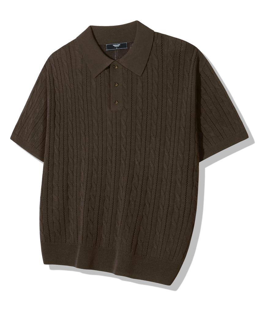 TRILLION Washable Resort Cable Collar Short Sleeve Knit_Brown