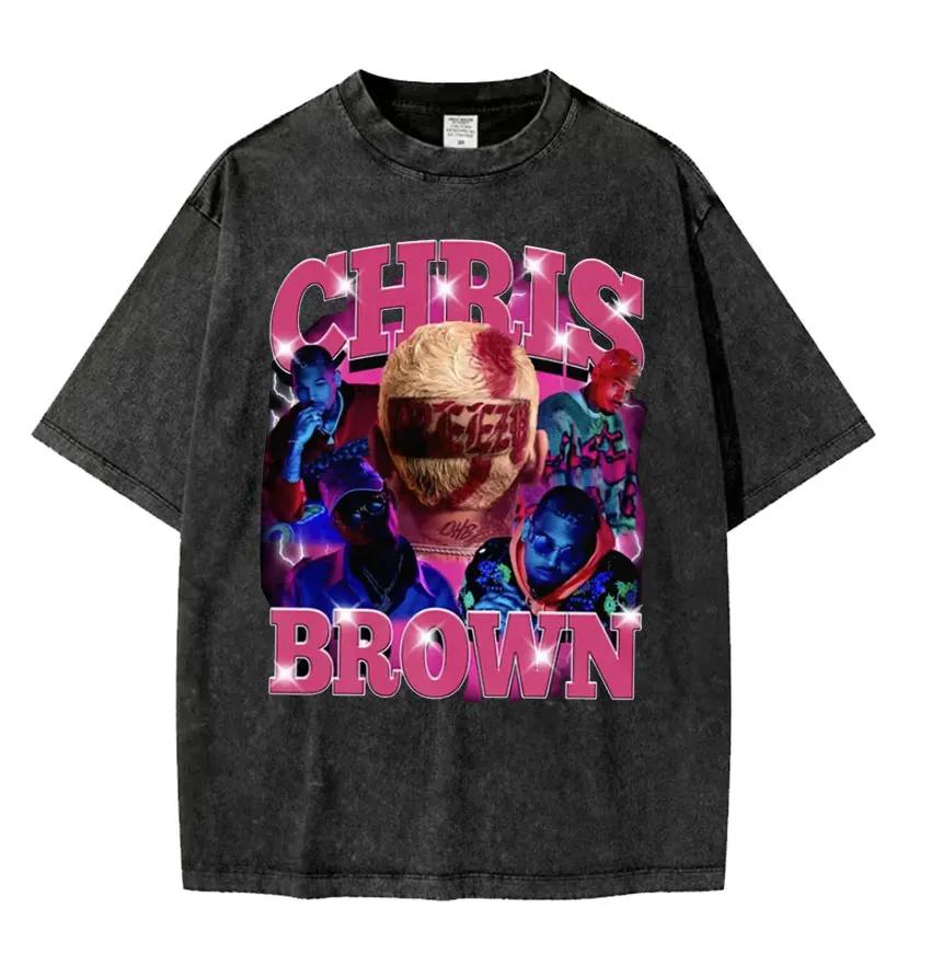Футболка с графическим принтом Rapper Chris Brown Breezy Big Face Унисекс Женская Мода Винтажная Стирка Оверсайз Короткий Рукав Футболки Streetwear