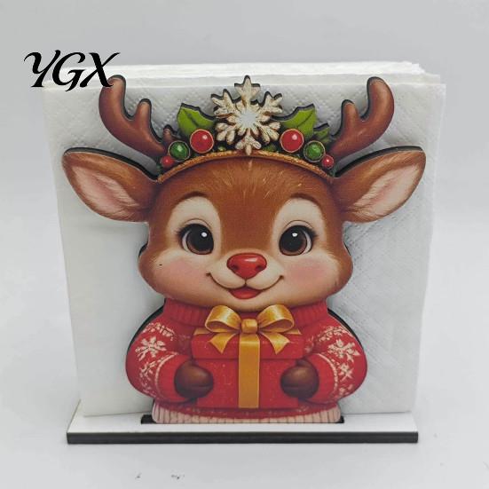 Decorative Kitchen Accessory Wooden Christmas Napkin Holder, Gingerbread Man And Deer Design, Rustic Farmhouse Holder Vertical Paper Towel Storage for