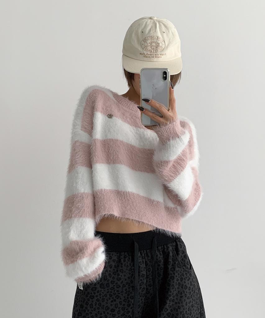 THE GREEN LAB Hairy Block Stripe Crop Knit [Pink]