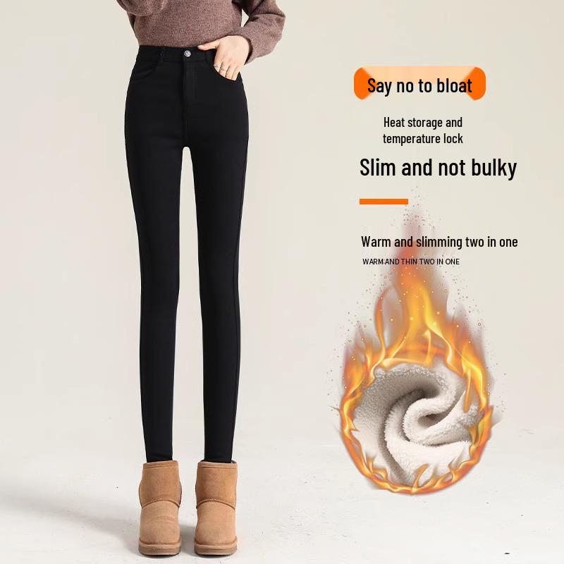 Женские зимние черные леггинсы на флисовой подкладке - Толстый хлопок из овечьей шерсти, Облегающий крой, Стиль осень/зима 2025