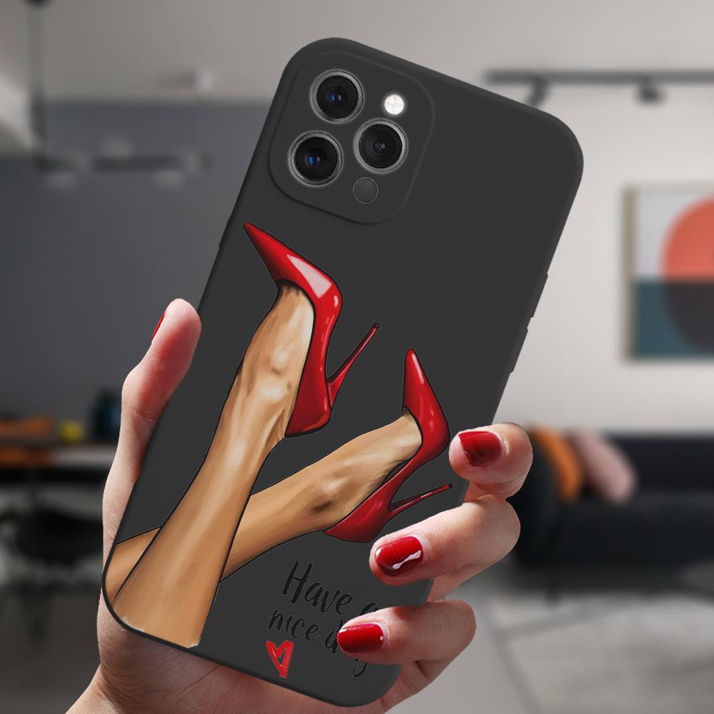 Для Iphone 13 11 12 14 Pro Max Mini Xs Xr 14plus черный чехол на высоком каблуке для девочек, модная женская мода, популярный силиконовый защитный чехол