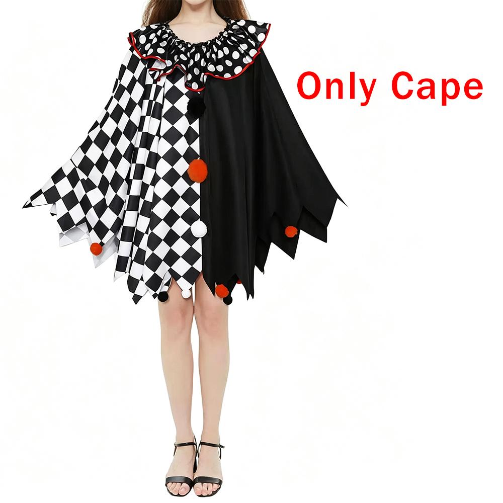 Clown Cosplay Costume Cloak Color-blocked Polka-dot Diamond Fun Joker Cape Ruffled Collar Cheerful Theme Party Halloween Set