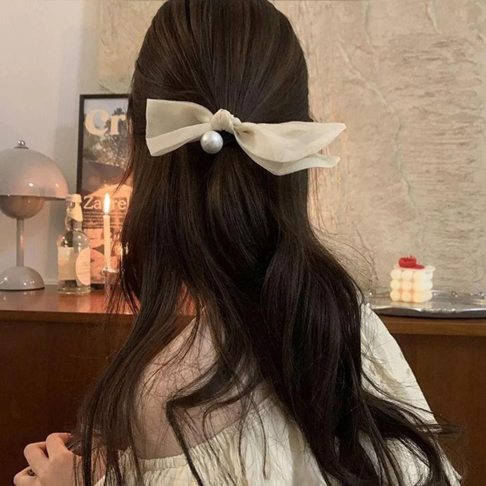 Versatile Pearl Bow Hair Loop Elastic Ponytail Hair Loop Fashion Headstring  Women Girl
