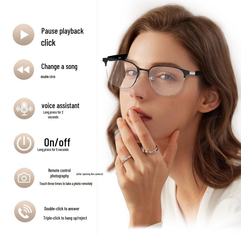 Smart Bluetooth Glasses GS06: Metal Frame, Magnetic Charging, Photochromic Lenses, Stereo Sound.