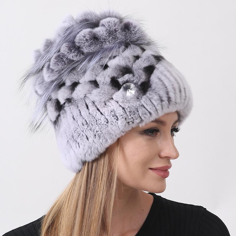 Роскошная зимняя шапка из натурального меха для женщин, вязаная шапка из меха кролика рекса и лисы, цветочные зимние модные стильные меховые шапки