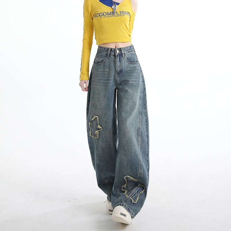 Star ripped rough edge design classic loose and thin trendy jeans women's new American scimitar pants