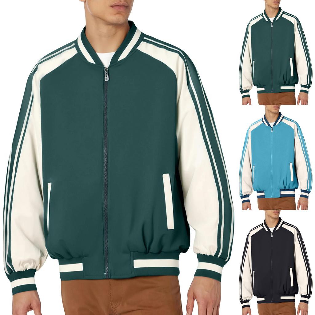 Men's Striped Baseball Collar Patchwork Long Sleeved Jacket