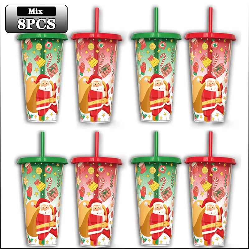 Рождественские кружки, меняющие цвет, большой вместимости, чашки, реагирующие на холод, с соломинкой, из двух частей, с изображением Деда Мороза, для кофе, чая, праздничный подарок