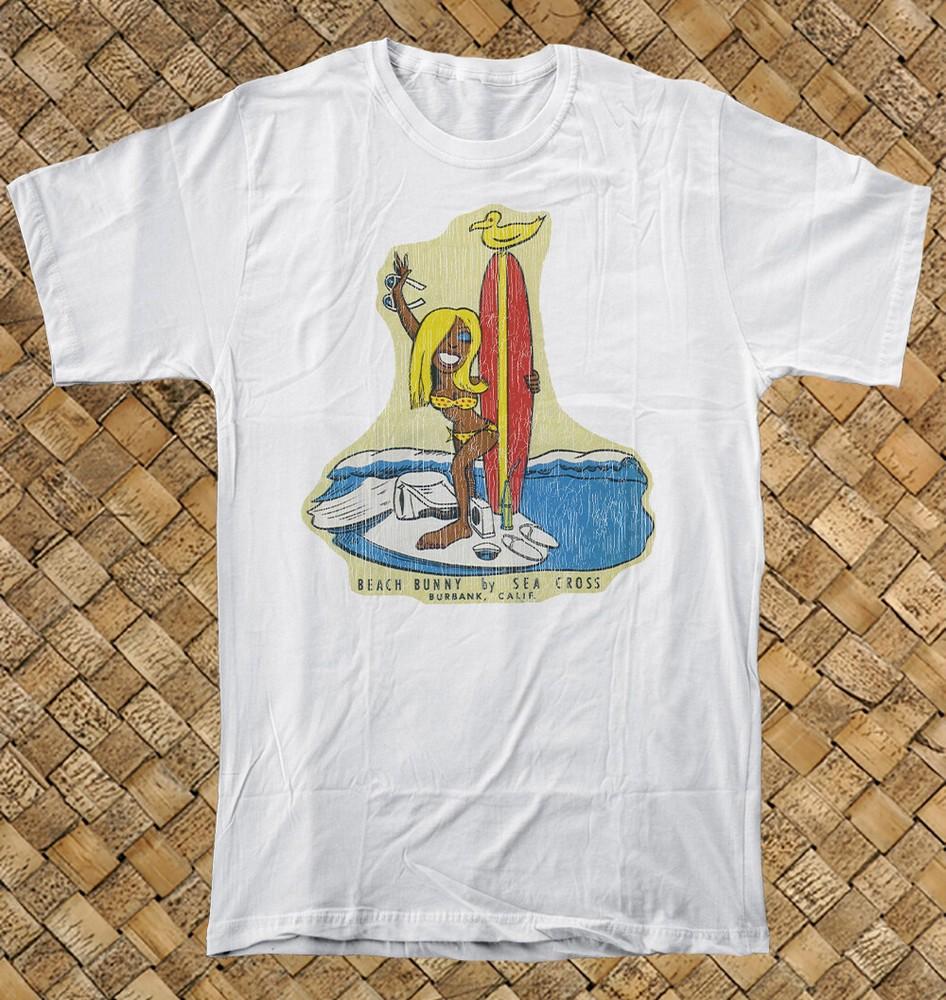 Ретро Футболка Surf Shop 100% Хлопок Винтажное Искусство Пляжный Кролик Морской Крест Бербанк CA Унисекс Футболка