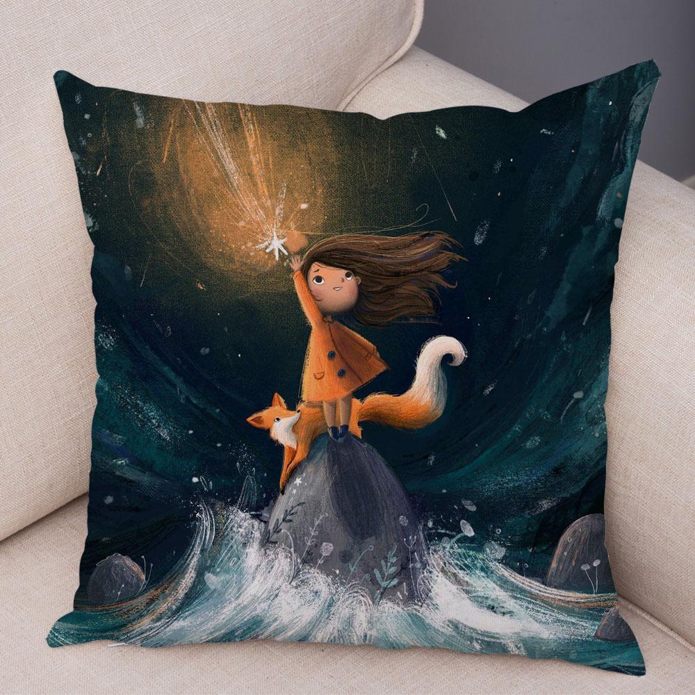 Super Soft Plush Pillow Case for Sofa Home Watercolor Cartoon Girl Cushion Cover Decor Fairy Tale World Lovely Child Pillowcase