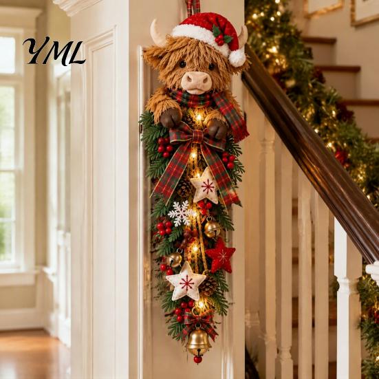 Traditional Red Green Holiday Ornament Lighted Highland Cow Christmas Door Swag, LED Hanging Decor with Plaid Ribbon Vertical Wreath And Berries,