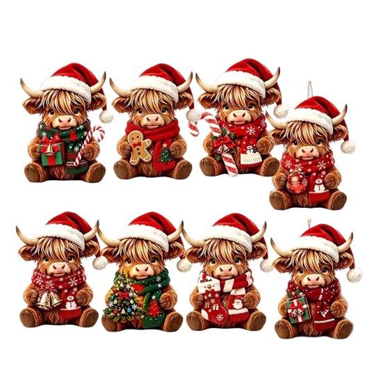 Animal Theme Holiday Gifts Highland Cow Christmas Ornament Set, 2D Flat Wooden Cute Gift Items Hanging Decor with String, Tree Party Decoration Rustic