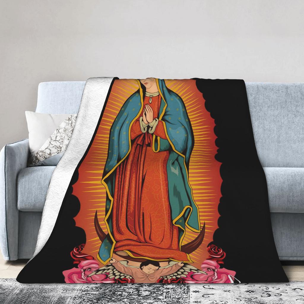 Our Lady of Guadalupe Mexican Virgin Mary Blanket Cover Flannel Christian Catholic Warm Throw Blankets for Bedroom Sofa Bed Rug