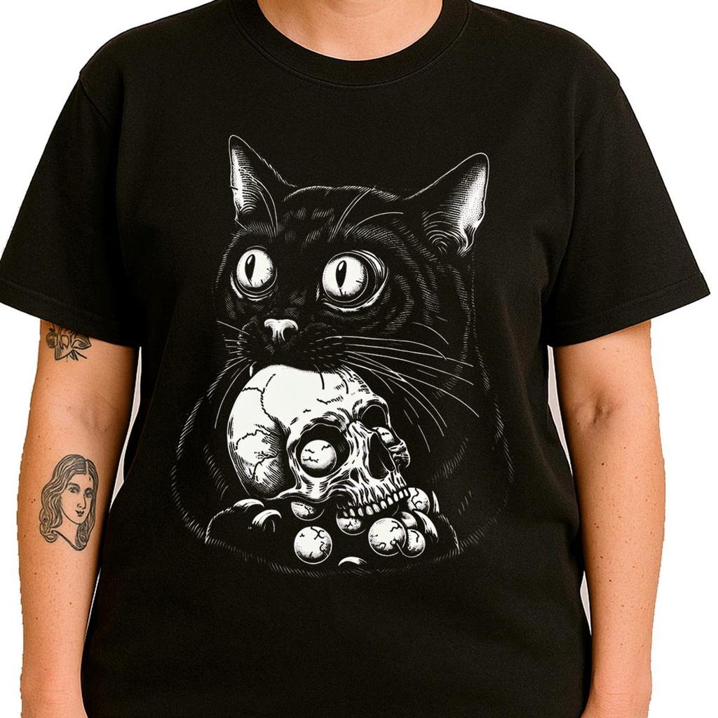 Odd Gothic Black Cat T-Shirt | Creepy Feline Skull Tee | Dark Fantasy Horror Gift
