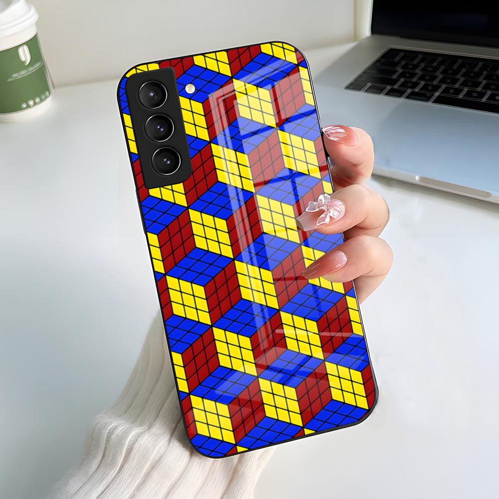 Крутой Забавный Чехол-Кубик Рубика для Телефона Samsung S26 S25 S24 FE S23 S22 S21 Plus S20 Ultra Note20Ultra Черная Стеклянная Крышка