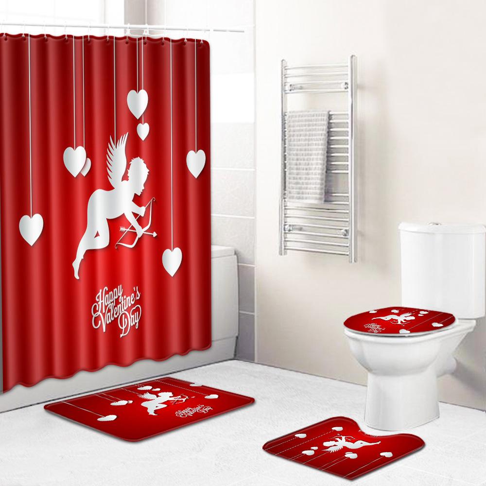 Valentine'S Day Toilet Shower Curtain Four-Piece Printed Floor Mat Set Bathroom Floor Mat Bedroom Absorbent Door Mat Carpet