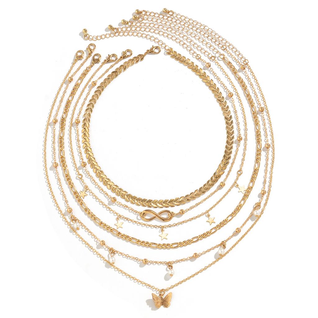 6Pcs/Set Boho Infinite Symbol Leaf Butterfly Pendant Necklace for Women Vintage Ethnic Imitation Pearl Thin Chain Party Jewelry