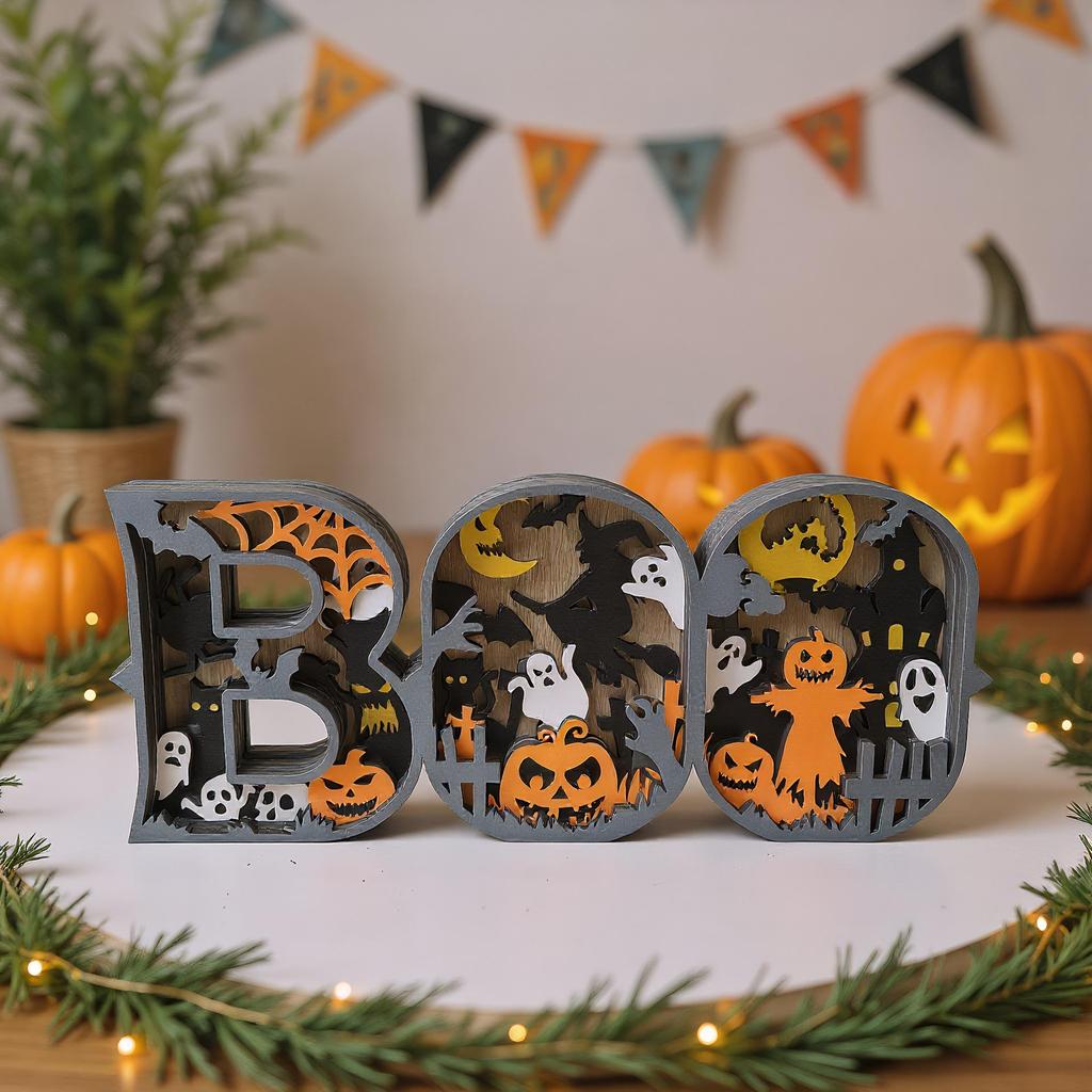 3D многослойная деревянная буква BOO, Хэллоуин, знак-украшение