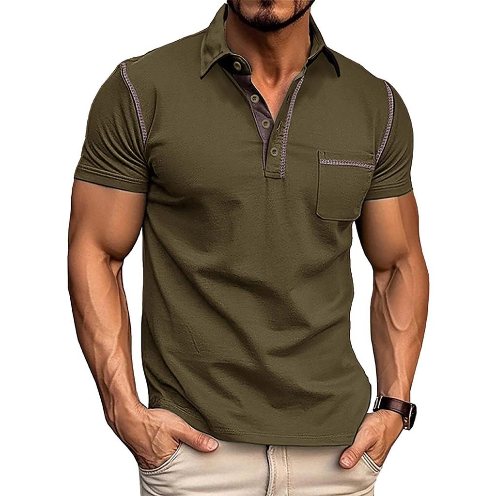 Summer European And American Men's Short Sleeved Men's Lapel T-shirt Color Blocking Top