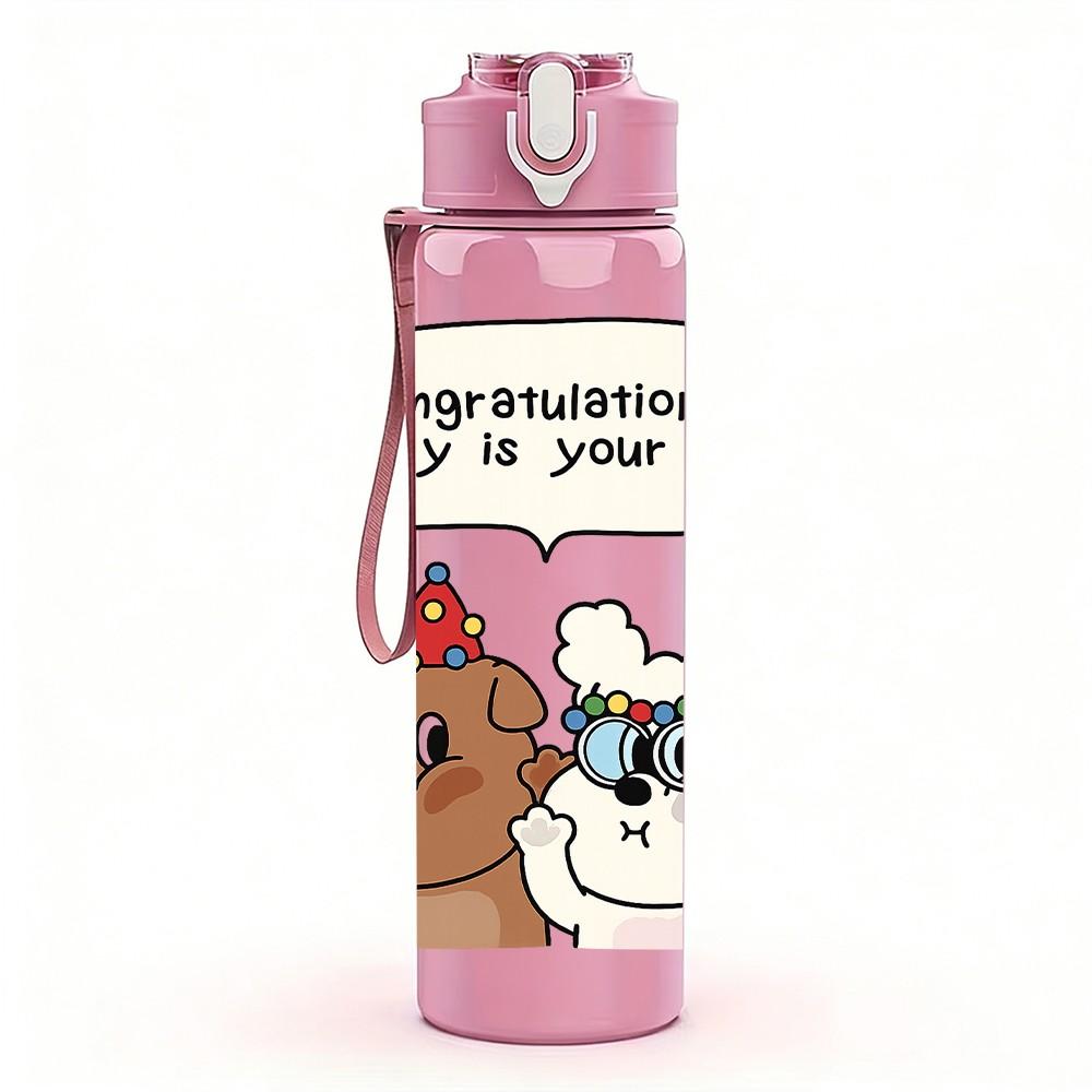 1PC Chatting Bear Cartoon Print 750ml Color Plastic Sports Water Bottle Leakproof Flip Straw Lid Suitable for Sports Office Home Use