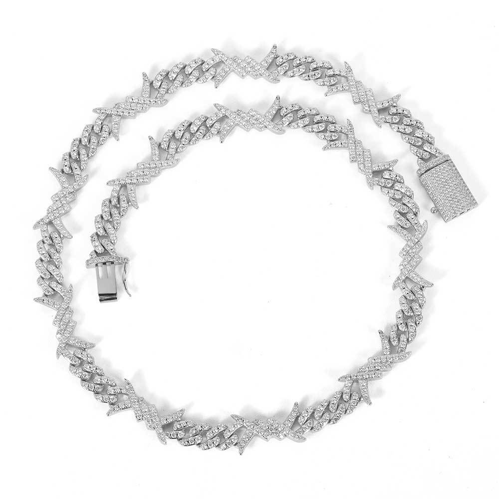 European Hip Hop Simple Personality Iron Wire Chain Zircon Cuban Link Chain Real Gold Electroplated Hiphop Thorn Bracelet Necklace