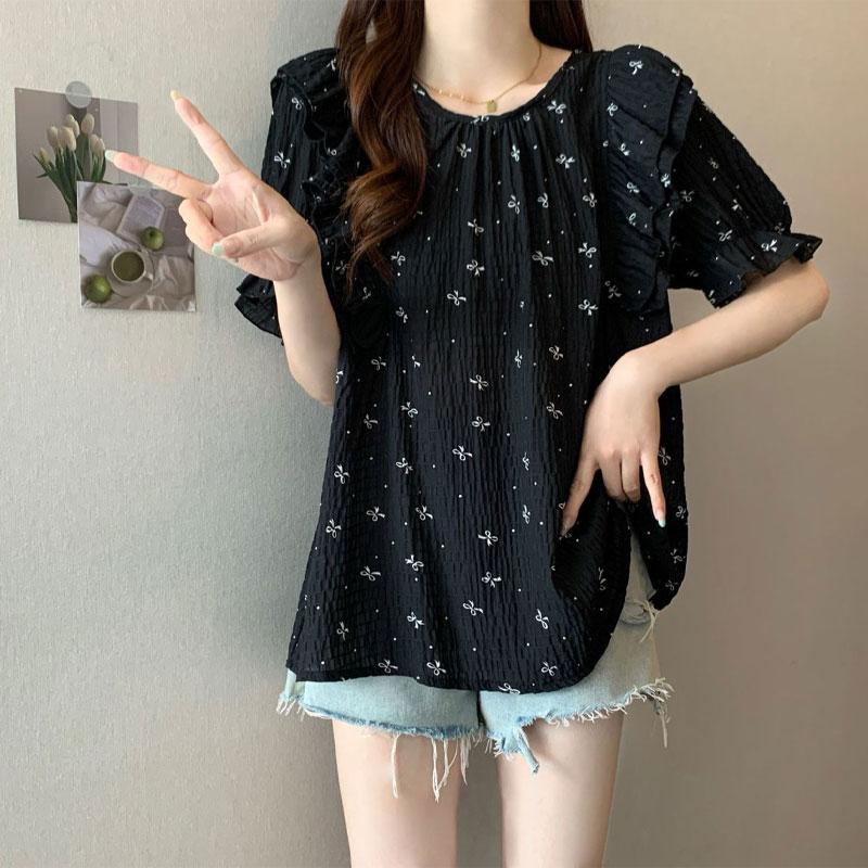 Топ свободного кроя с принтом бантиков, женская летняя новинка, плиссированная рубашка с коротким рукавом, корейская серия