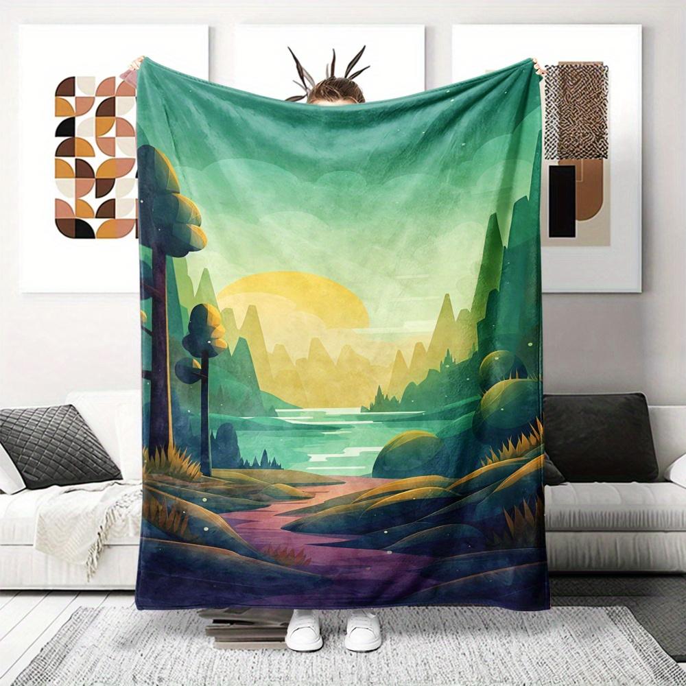 Watercolor natural landscape pattern Flannel printed blanket suitable for all seasons suitable for living office sofa and travel