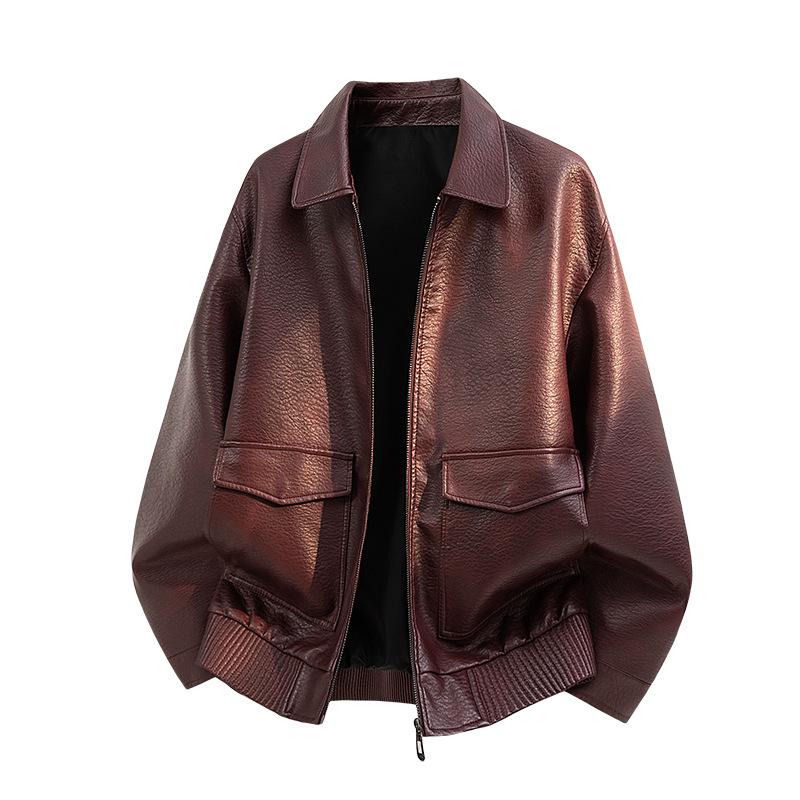 New PU leather jacket for men, American vintage workwear style, tough relaxed style, old money street style, minimalist