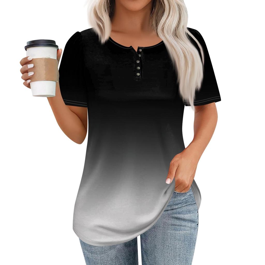 Женский модный повседневный короткий рукав пуловер с принтом на пуговицах и круглым вырезом