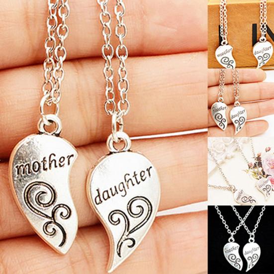 2Pcs/Set Mother Daughter Flower Carved Love Heart Pendant Necklace Gift