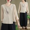 Cotton and Linen Shirt Top Women's Ethnic Retro Style Artistic Loose Embroidery Hanfu Pure Cotton V-neck T-shirt Long Sleeved Autumn