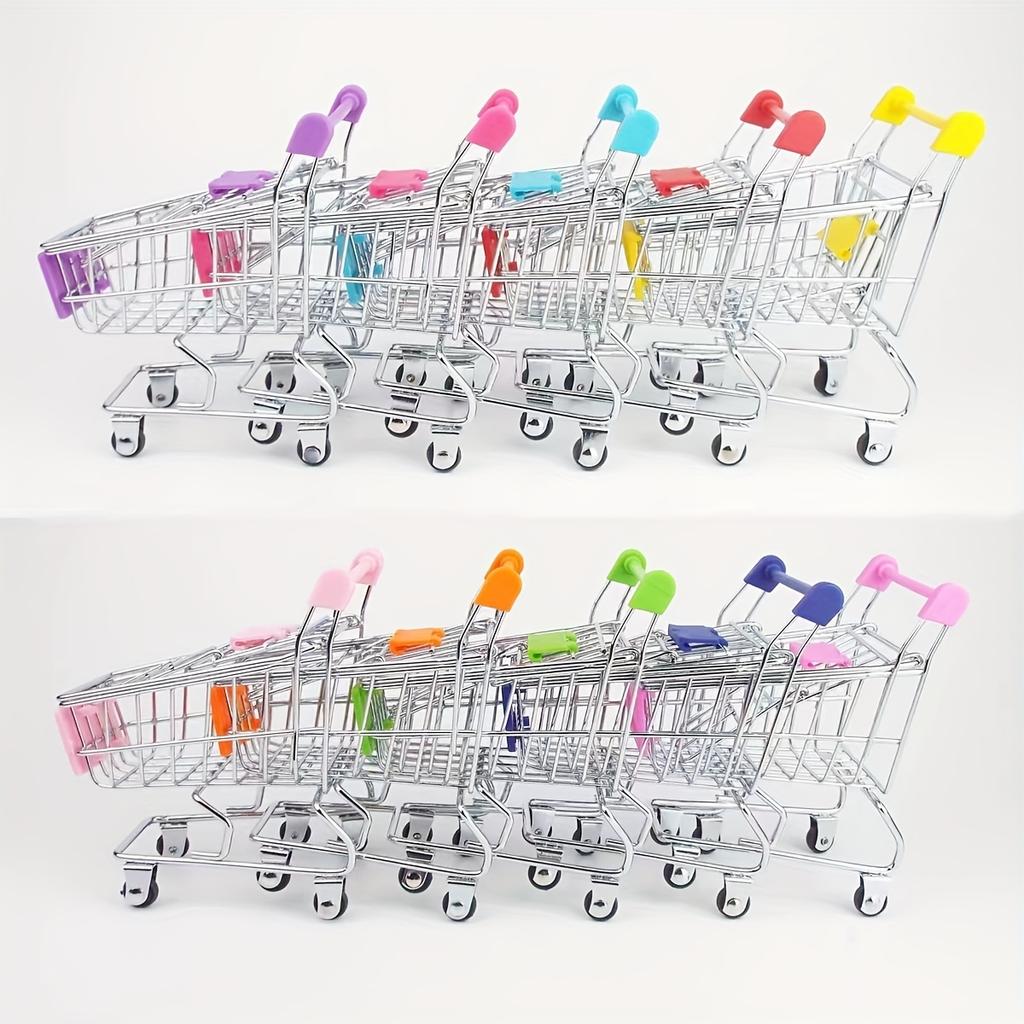 Colorful Mini Shopping Cart Decoration - Plastic Desktop Organizer with 4 Wheels and Side Pockets, Suitable for Files, Books