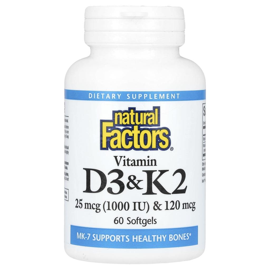 Natural Factors, Витамин D3 и K2, 25 мкг (1000МЕ) и 120 мкг, 60 мягких капсул