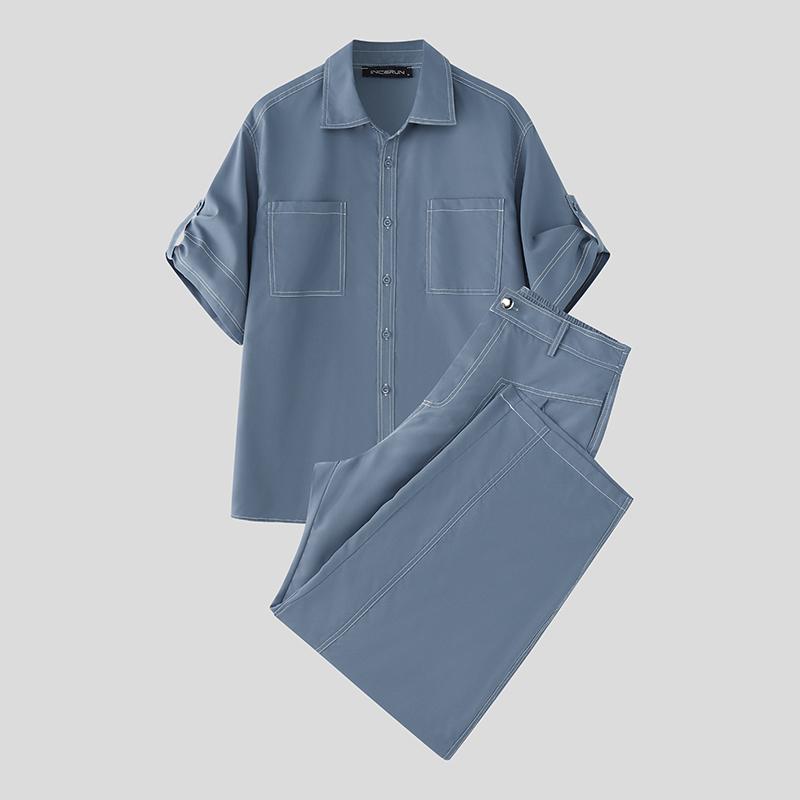 INCERUN Two Pieces Men Lapel Neck Short Sleeve Shirt Long Straight Pants Sets Outfits