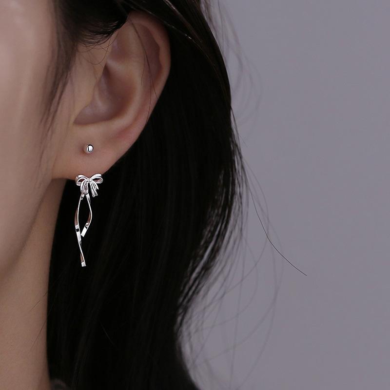 Ribbon Bow Earrings Delicate Girly Internet Celebrity Tassel Screw Earrings First Love Complex Long Ribbon Earrings
