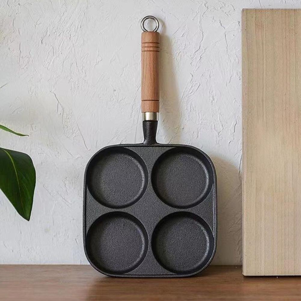 Сковорода для гамбургеров, омлета, гамбургера, 4 отверстия, с антипригарным покрытием и деревянной ручкой для газовой и индукционной плиты