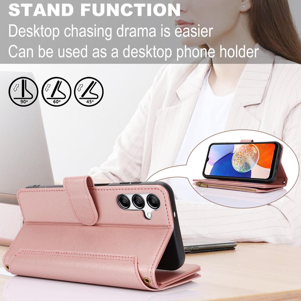 Multi Card Zippered Wallet with Short Hand Rope and Long Hanging Rope Phone Cover Case for iPhone Series/Samsung Series