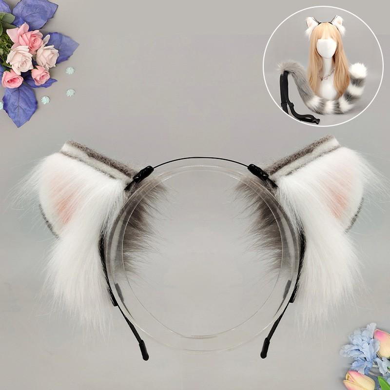 Handmade Faux Fur Cat Ears Headband Tail Set Cosplay Anime Convention Kawaii Animal Costume Accessory