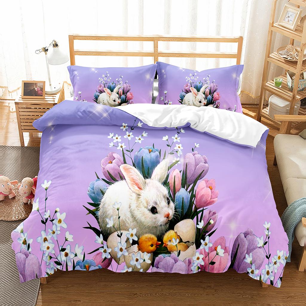 Пододеяльник с рисунком кролика из мультфильма Twin Queen, комплект постельного белья с разноцветными яйцами, микрофибра, цветочное одеяло, покрывало для девочек и мальчиков, пасхальный подарок