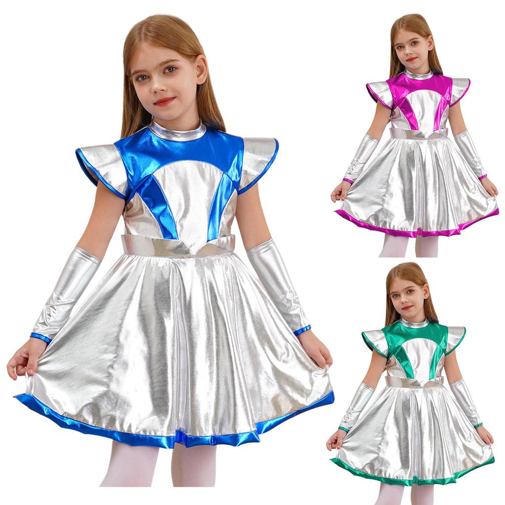 Girls Alien Cosplay Costume - Shimmering PU Patchwork Dress with Cap Sleeve & Arm Sleeve for Halloween Party