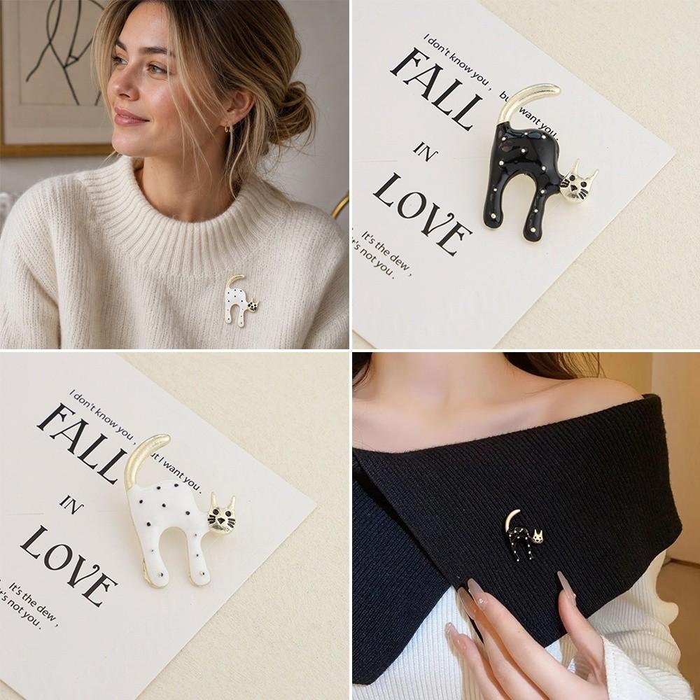 Black White Cat Brooches Enamel Scarf Adjuster Fashion Clothing Fixing Pins For Men Women