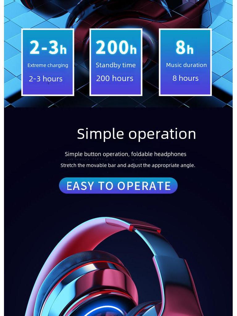 Светящаяся Bluetooth-гарнитура B39: Наголовные, беспроводные, складные, с цветной подсветкой, мощным басовым звуком