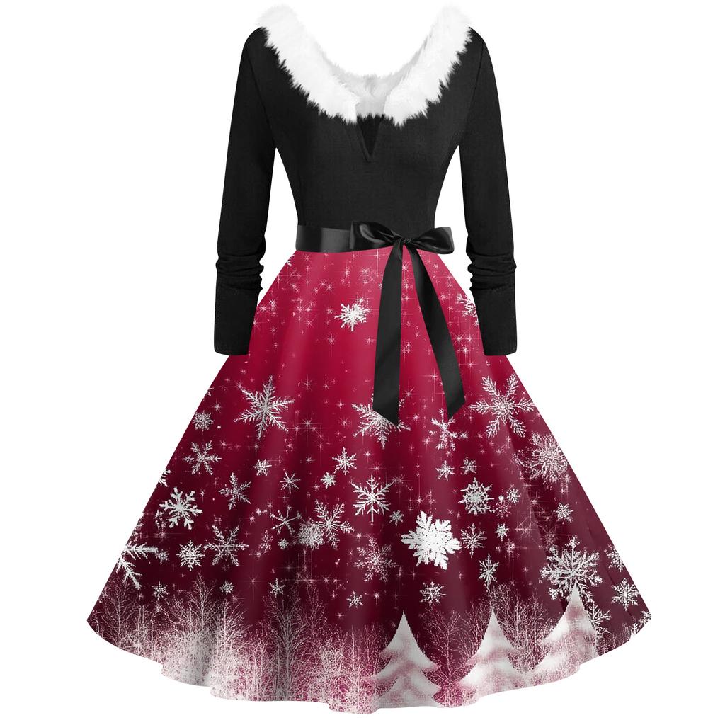 Женская мода с v-образным вырезом, повседневные тонкие рождественские платья с воротником из волос и длинными рукавами с принтом