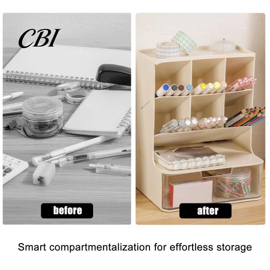 Pencil And Marker Holder Pen Holder, with 6 Slanted Compartments Drawer, Multi-Functional Desktop Tidy Organizer Large Capacity Storage for