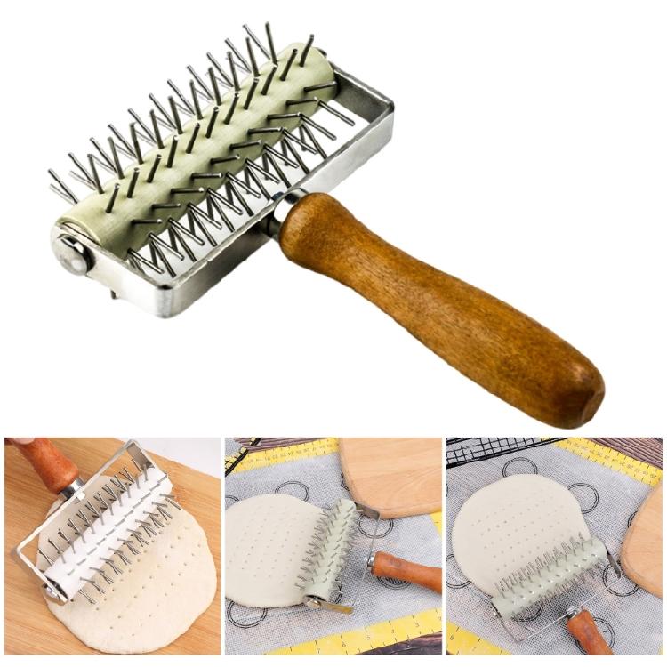 Kitchen Pizza Dough Docker Wood Handle Stainless Steel Pizza Roller Pin Wheel Hole Puncher for Home Baking Enthusiasts