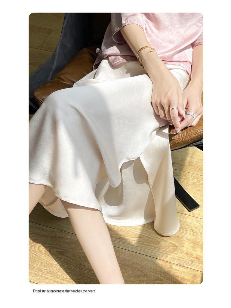 Женская плиссированная юбка-рыбий хвост из высококачественного шелка - лето 2024 г., однотонная, с высокой талией, с разрезом.