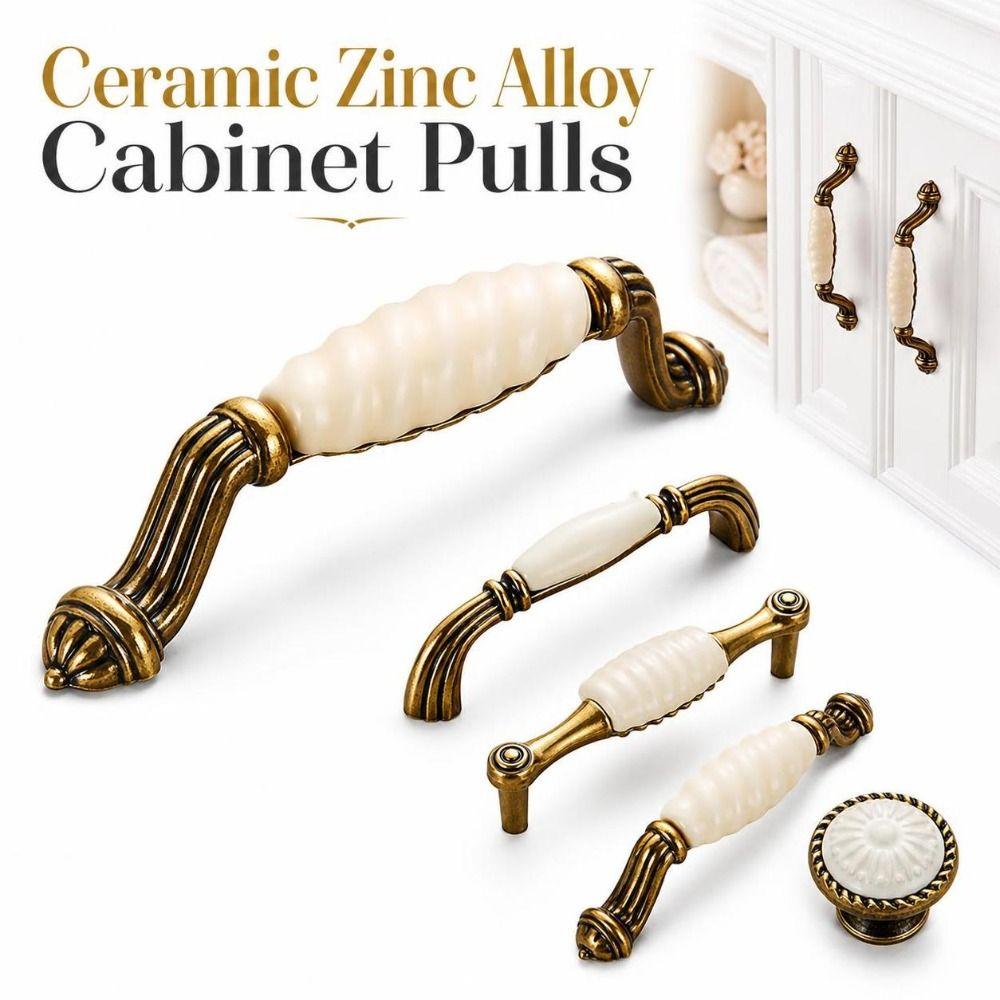 Zinc Alloy Ceramic Cabinet Pulls Antique Gold Retro Vintage Drawer Handles European Style Sturdy Antique Dresser Knobs Furniture